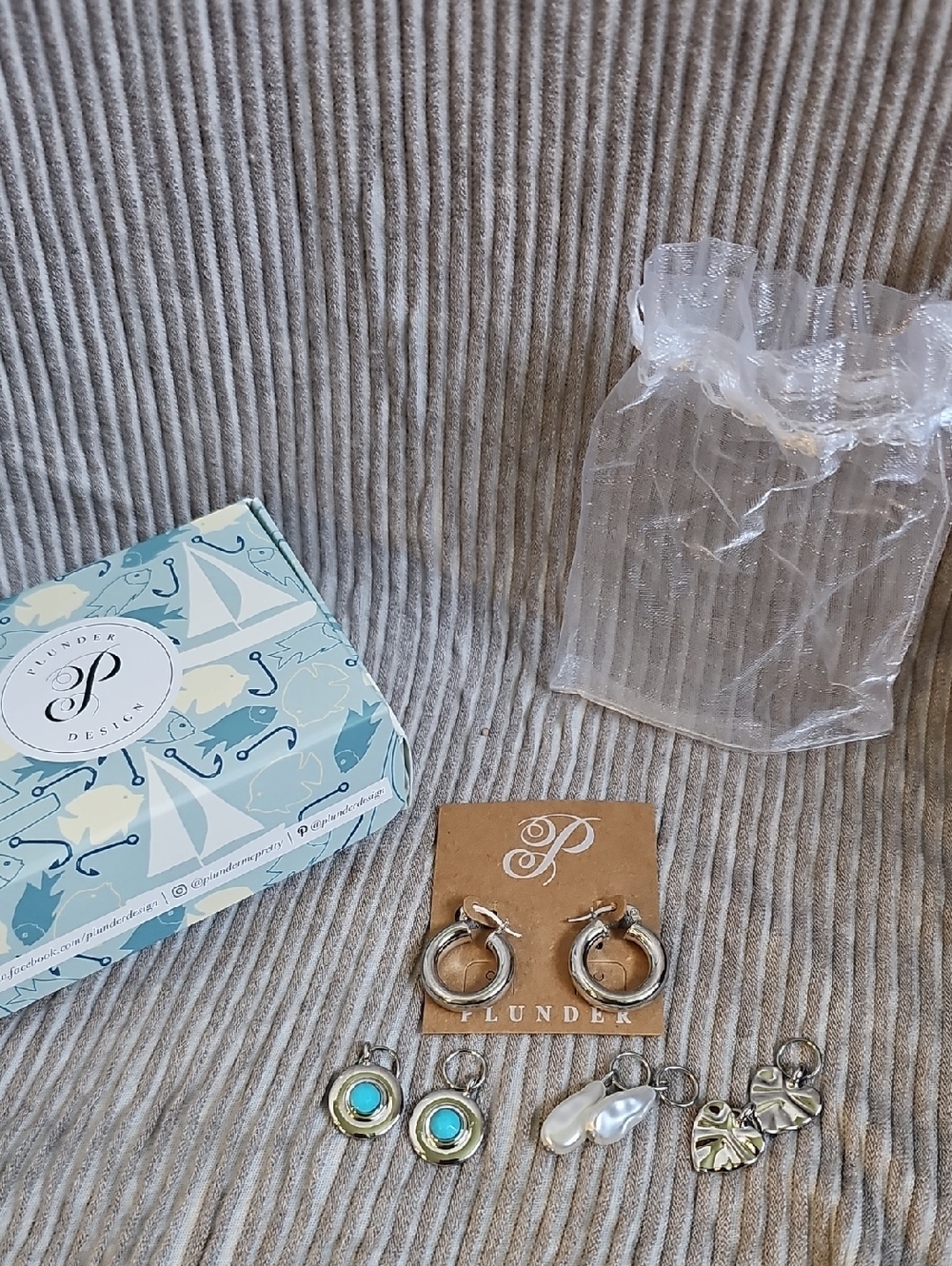 Plunder Silver Hoop Earrings with Blue and Pearl Charms
